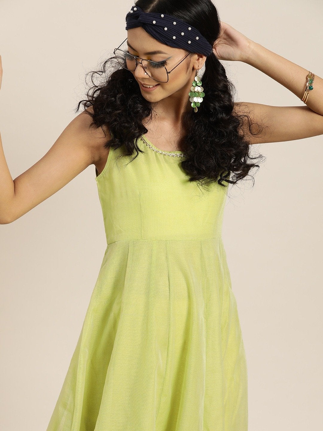 Women's Green Gota Patti Sleeveless Anarkali Dress - SHAE