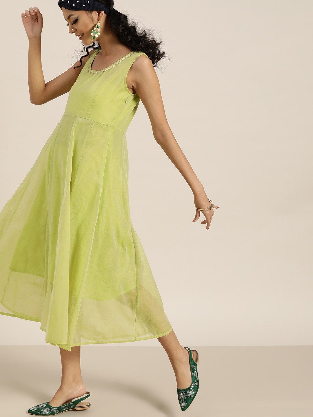Women's Green Gota Patti Sleeveless Anarkali Dress - SHAE