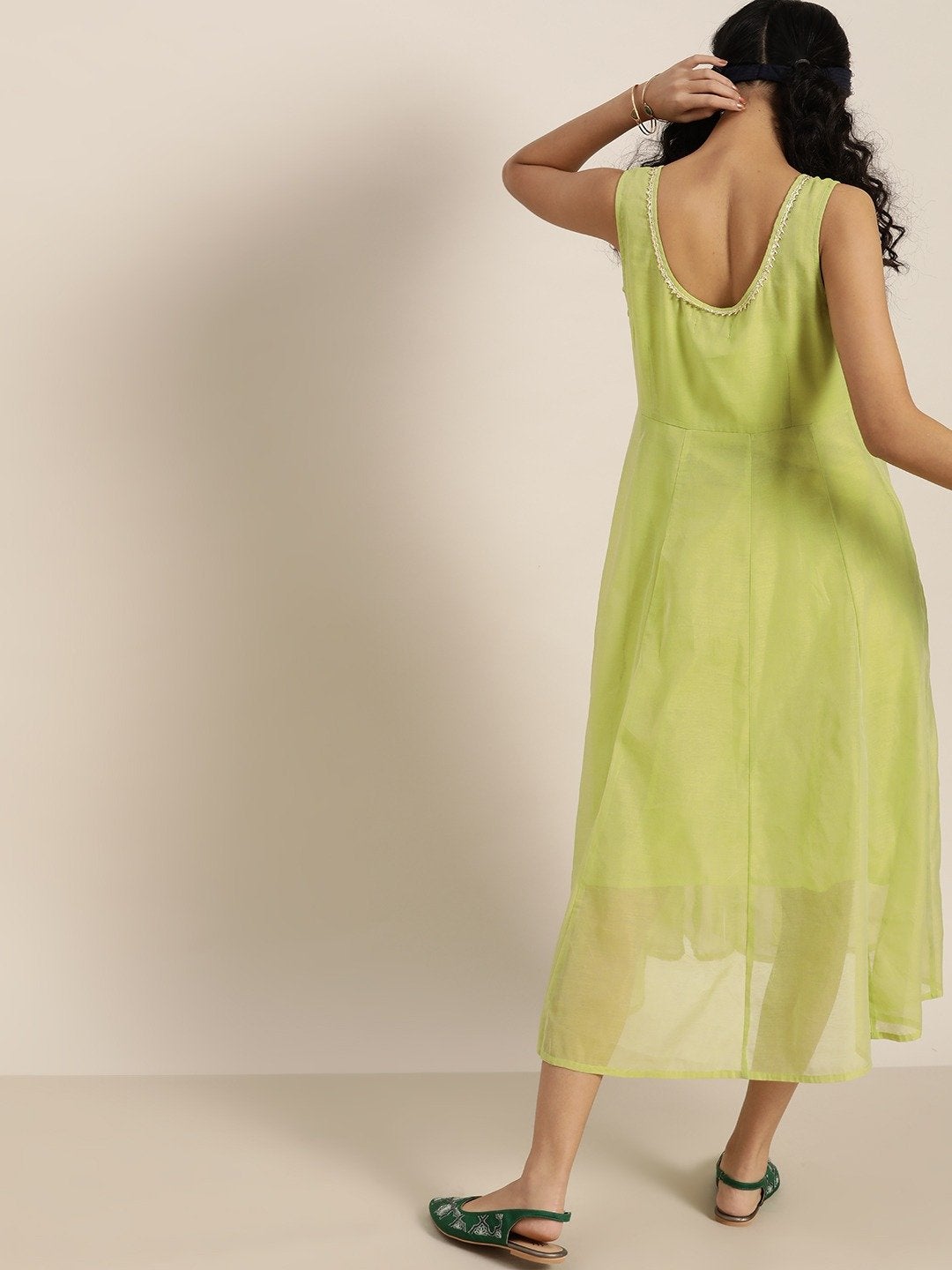 Women's Green Gota Patti Sleeveless Anarkali Dress - SHAE
