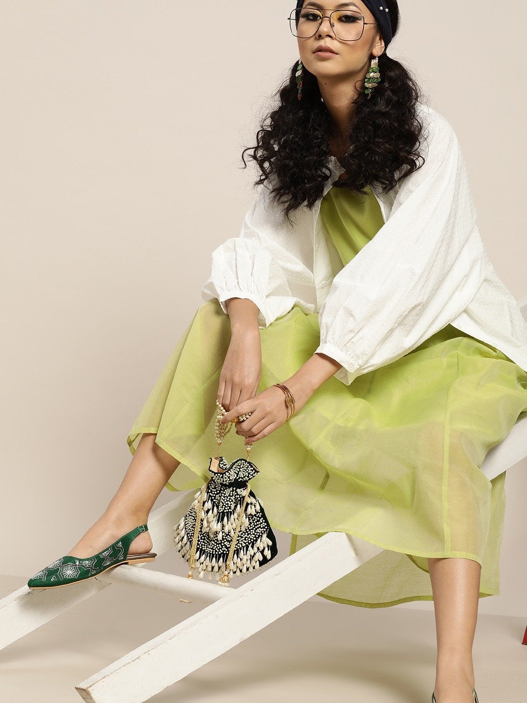 Women's Green Gota Patti Sleeveless Anarkali Dress - SHAE