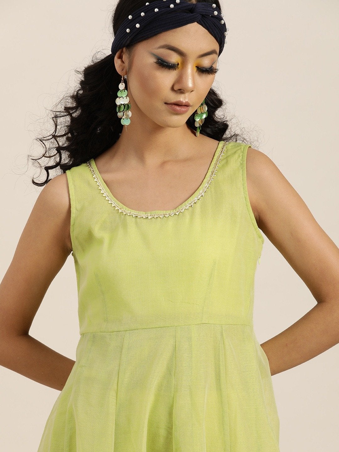 Women's Green Gota Patti Sleeveless Anarkali Dress - SHAE