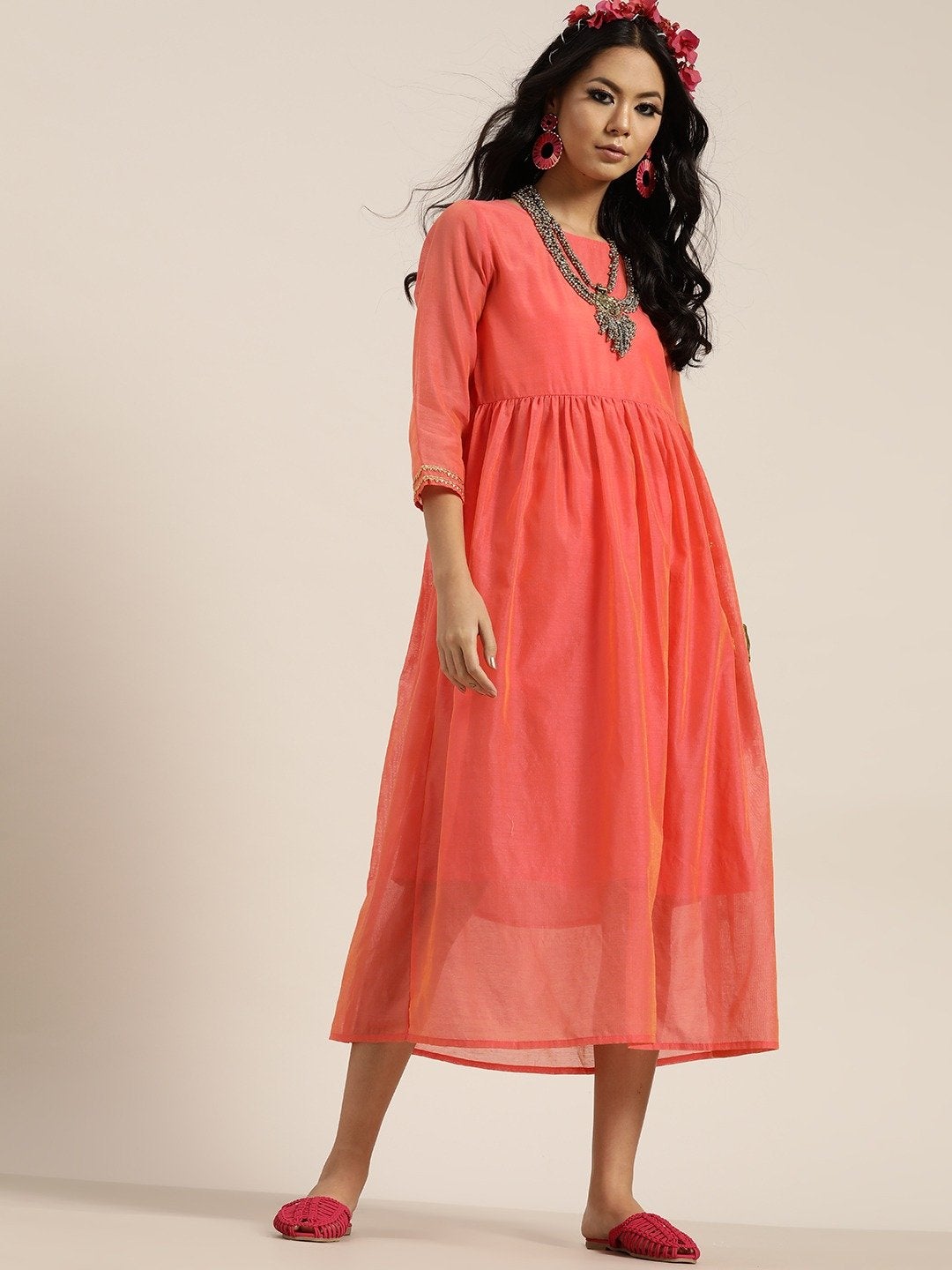 Women's Peach Gota Patti Gathered Dress - SHAE