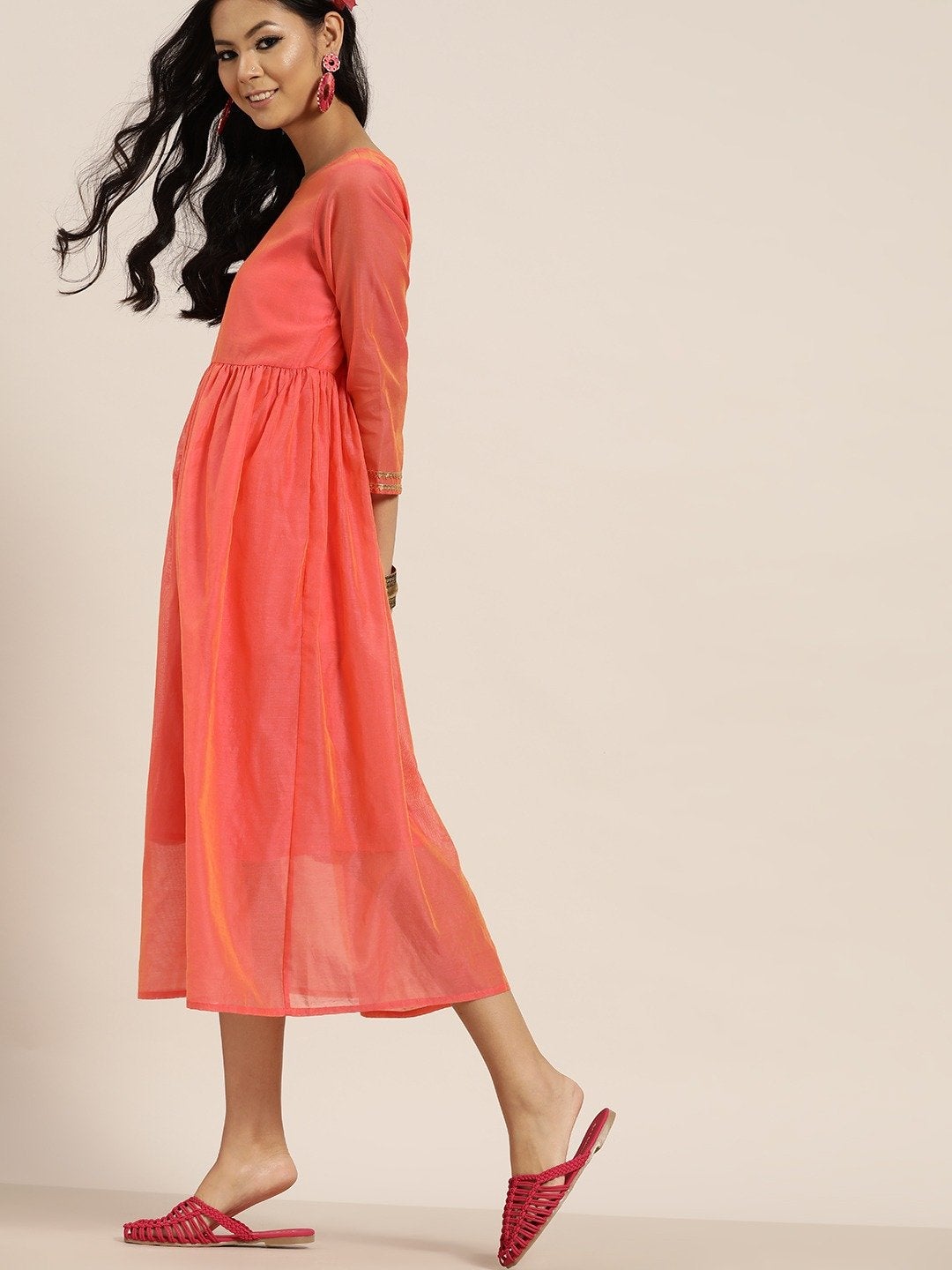 Women's Peach Gota Patti Gathered Dress - SHAE