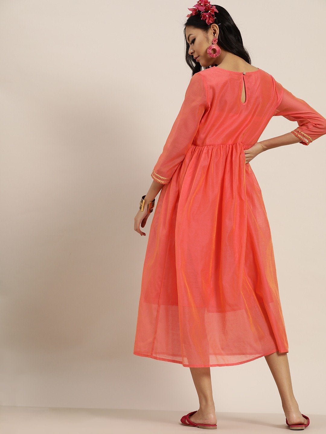 Women's Peach Gota Patti Gathered Dress - SHAE