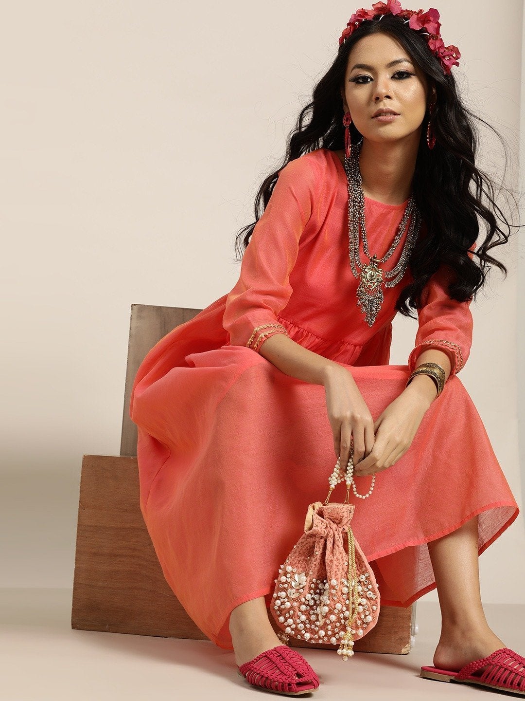 Women's Peach Gota Patti Gathered Dress - SHAE