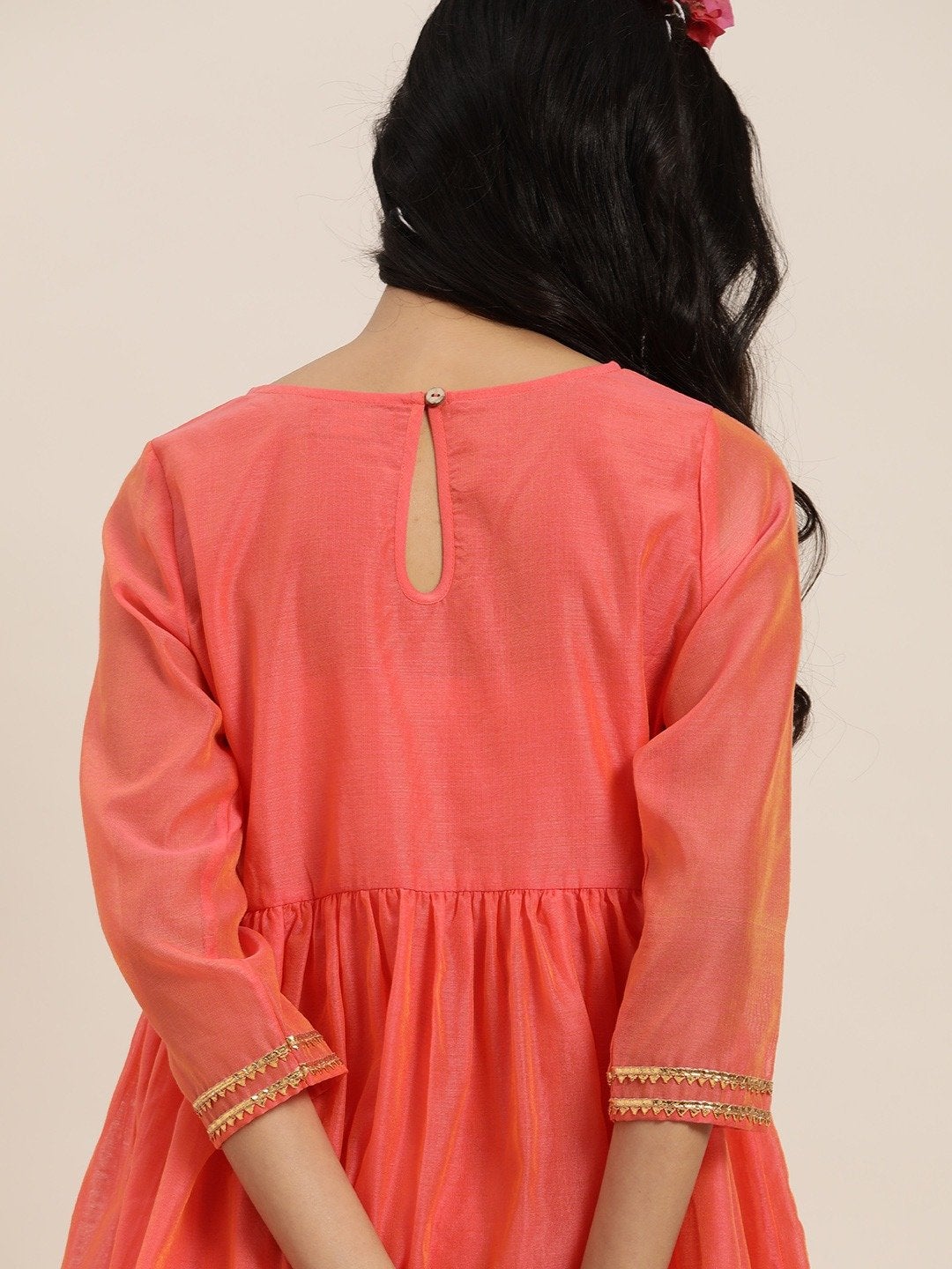 Women's Peach Gota Patti Gathered Dress - SHAE
