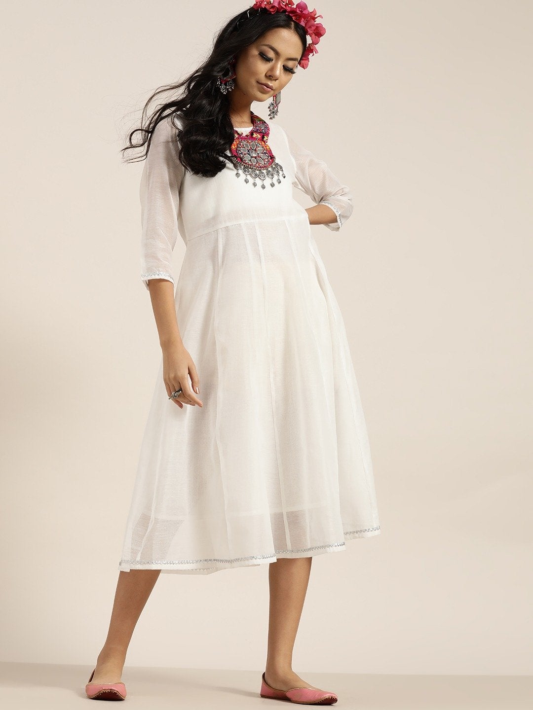 Women's White Gota Patti Anarkali Midi Dress - SHAE