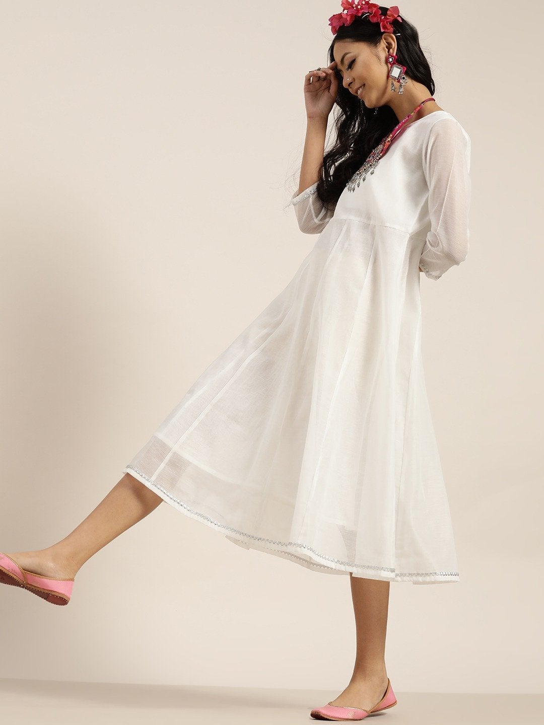 Women's White Gota Patti Anarkali Midi Dress - SHAE