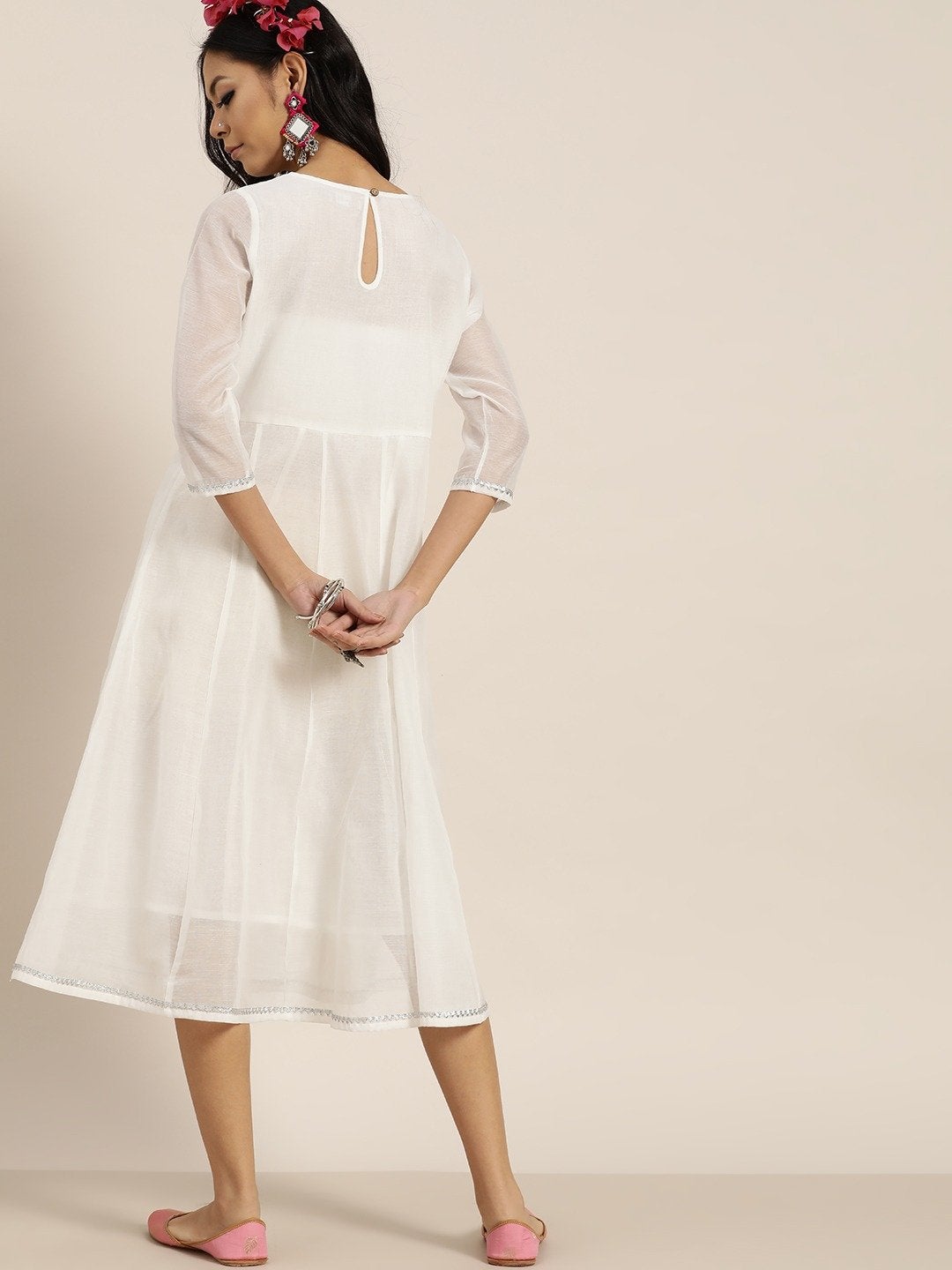 Women's White Gota Patti Anarkali Midi Dress - SHAE