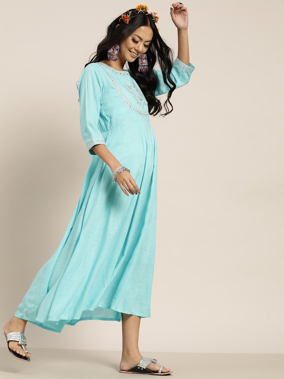 Women's Sea Green Zari Embroidery Anrakali Maxi Dress - SHAE