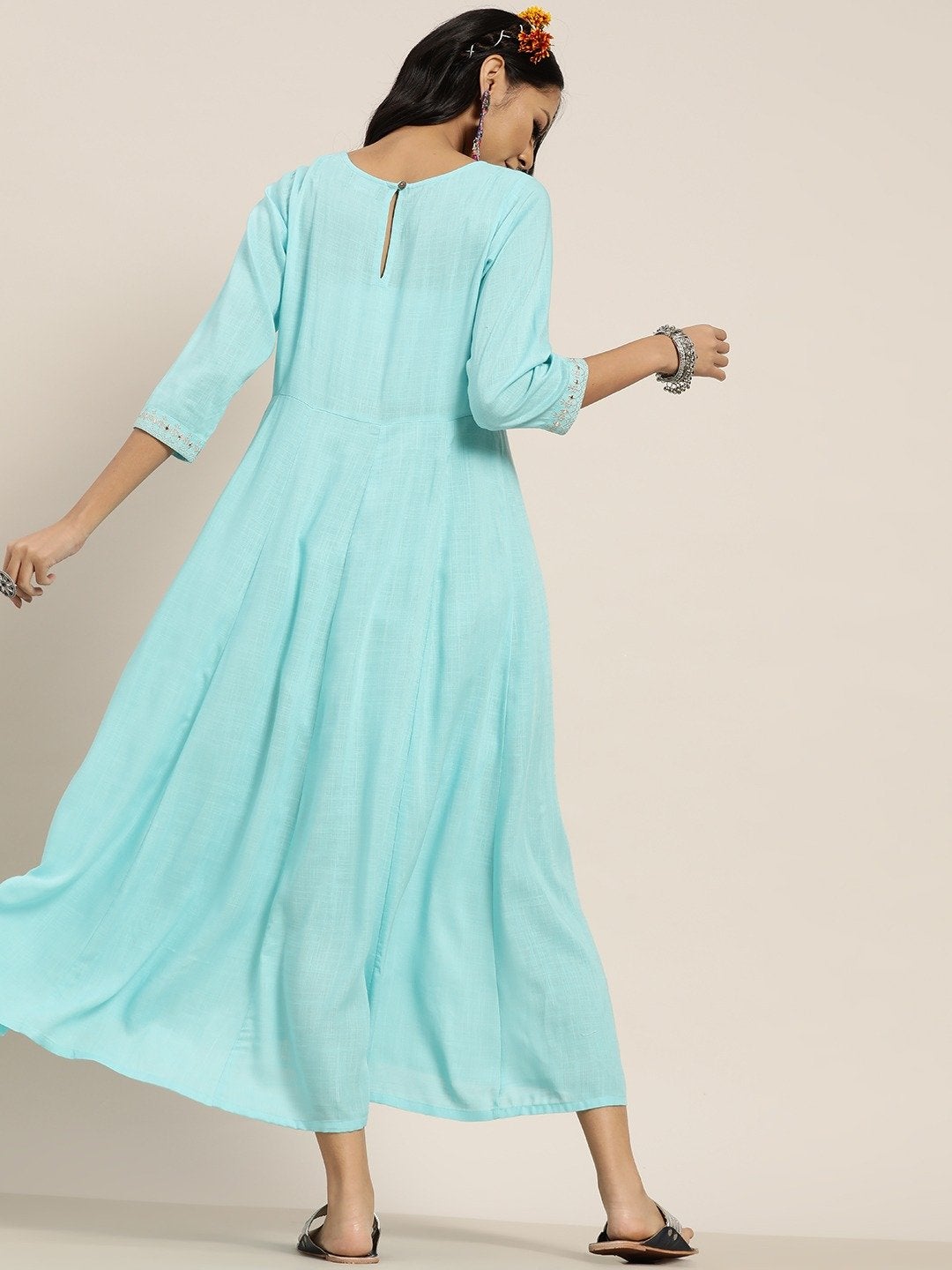 Women's Sea Green Zari Embroidery Anrakali Maxi Dress - SHAE