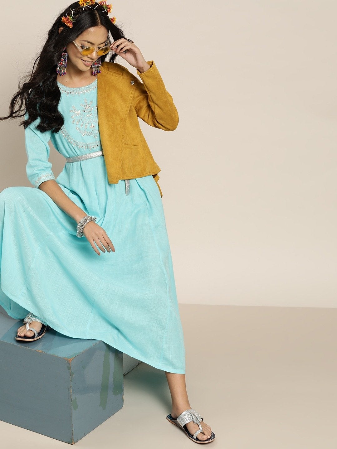 Women's Sea Green Zari Embroidery Anrakali Maxi Dress - SHAE