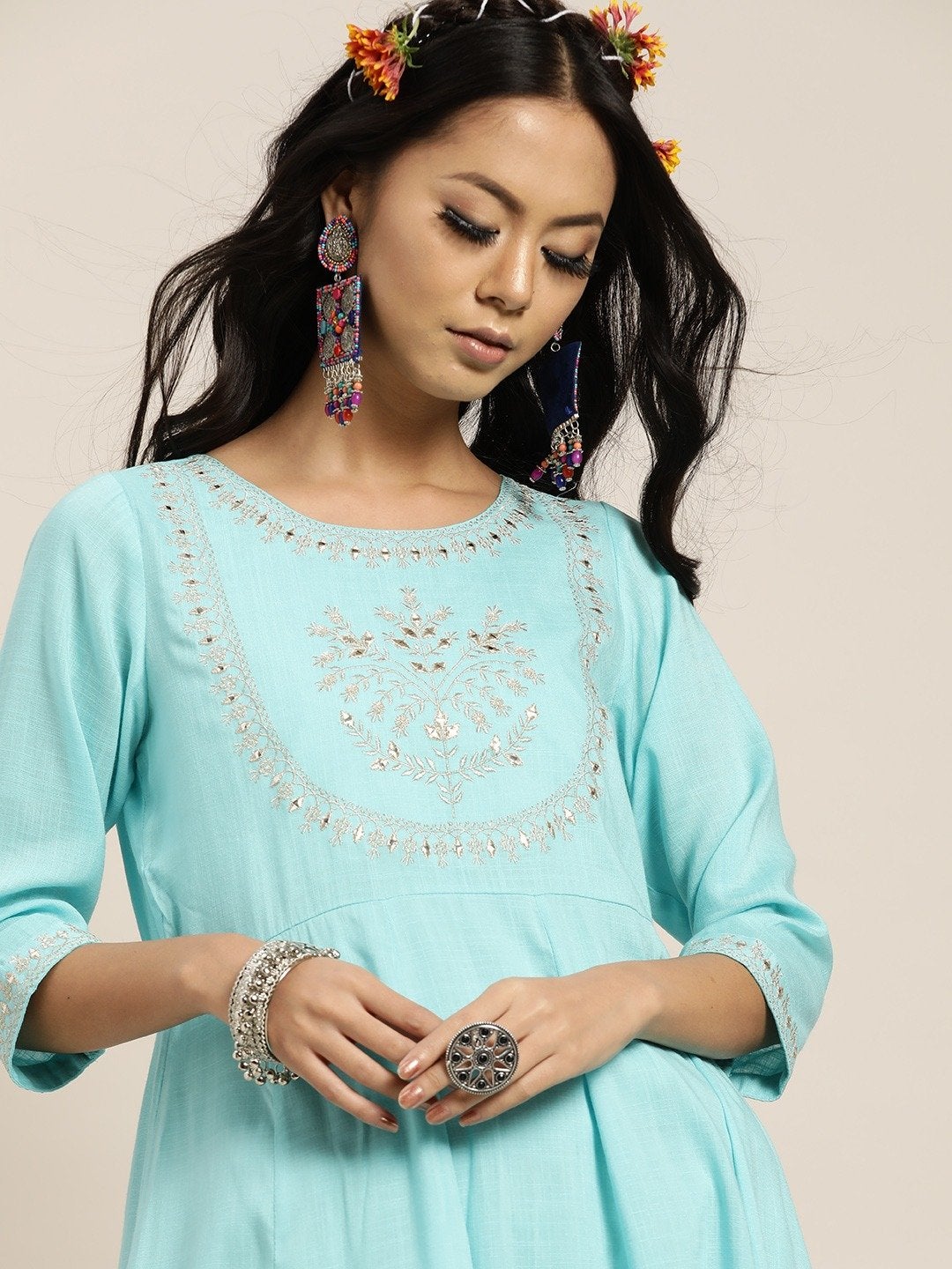 Women's Sea Green Zari Embroidery Anrakali Maxi Dress - SHAE