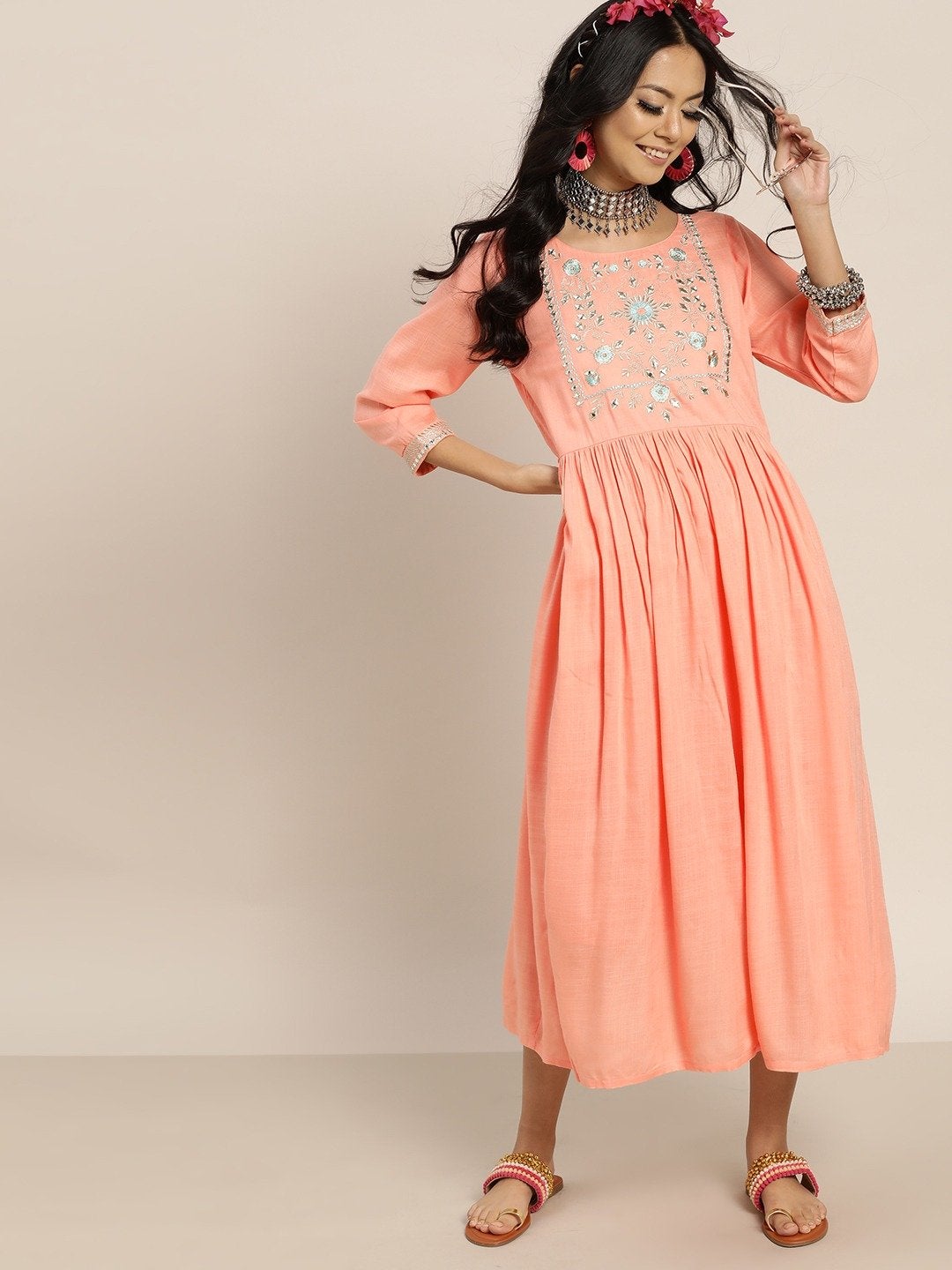 Women's Peach Zari Bodice Embroidery Gathered Dress - SHAE