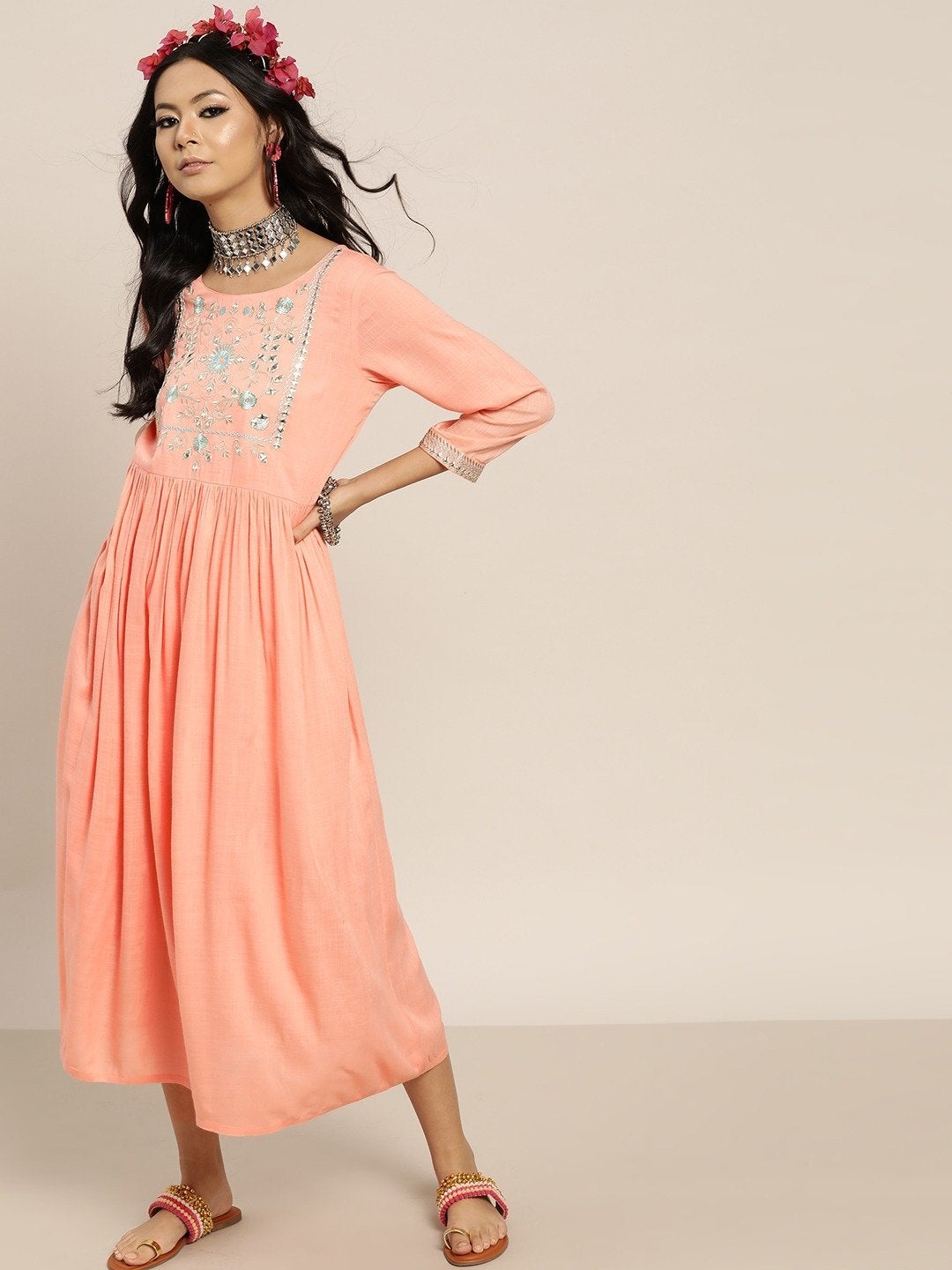 Women's Peach Zari Bodice Embroidery Gathered Dress - SHAE
