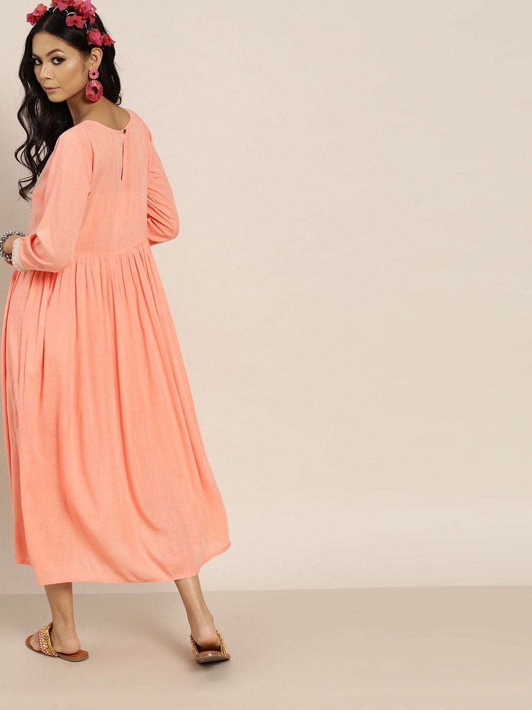 Women's Peach Zari Bodice Embroidery Gathered Dress - SHAE