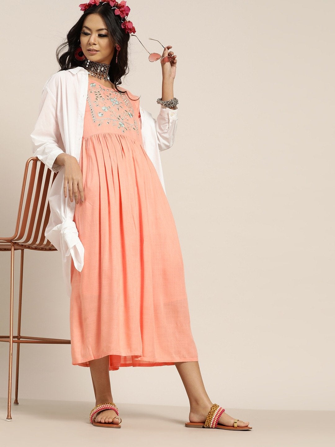 Women's Peach Zari Bodice Embroidery Gathered Dress - SHAE