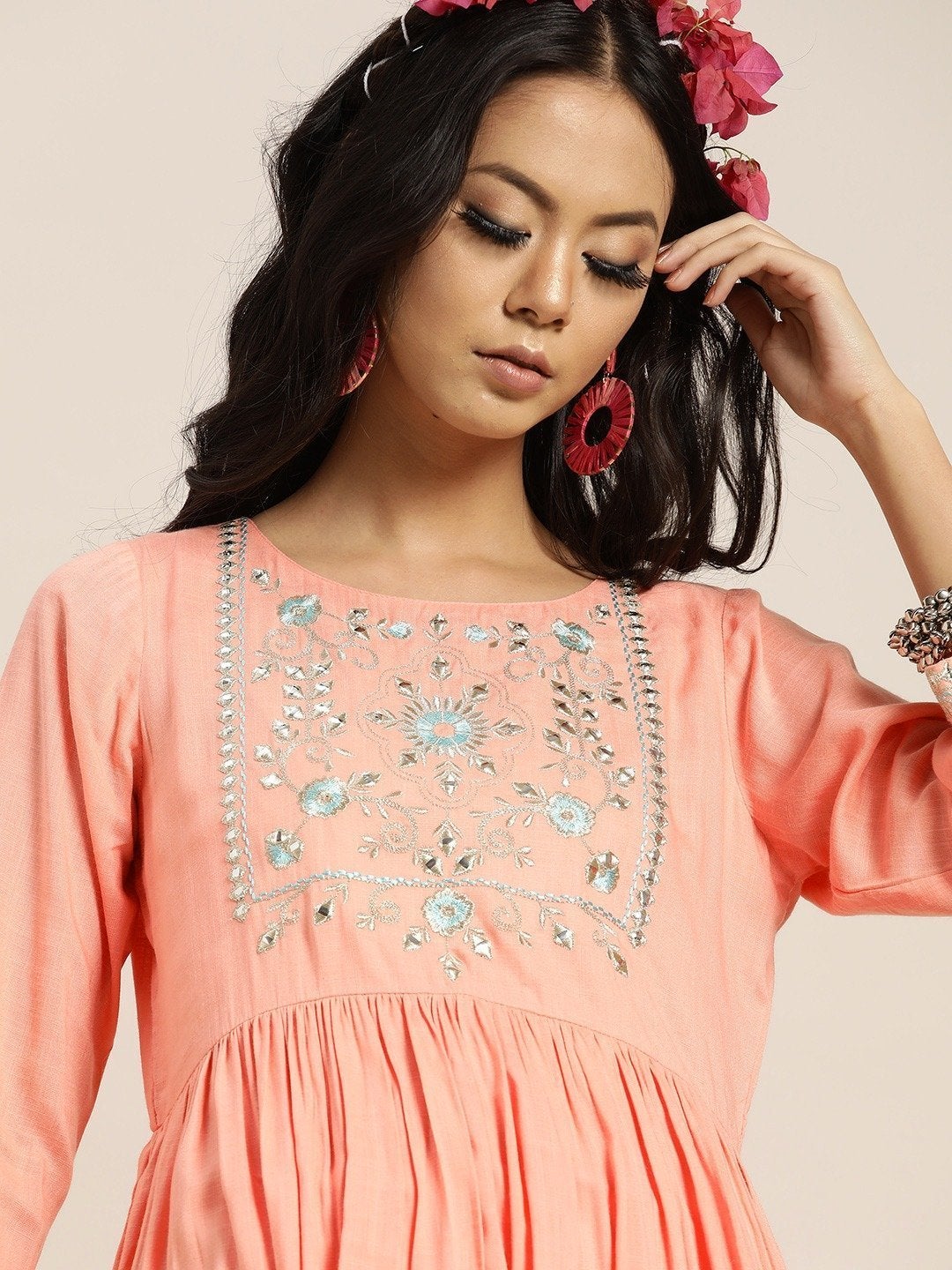 Women's Peach Zari Bodice Embroidery Gathered Dress - SHAE