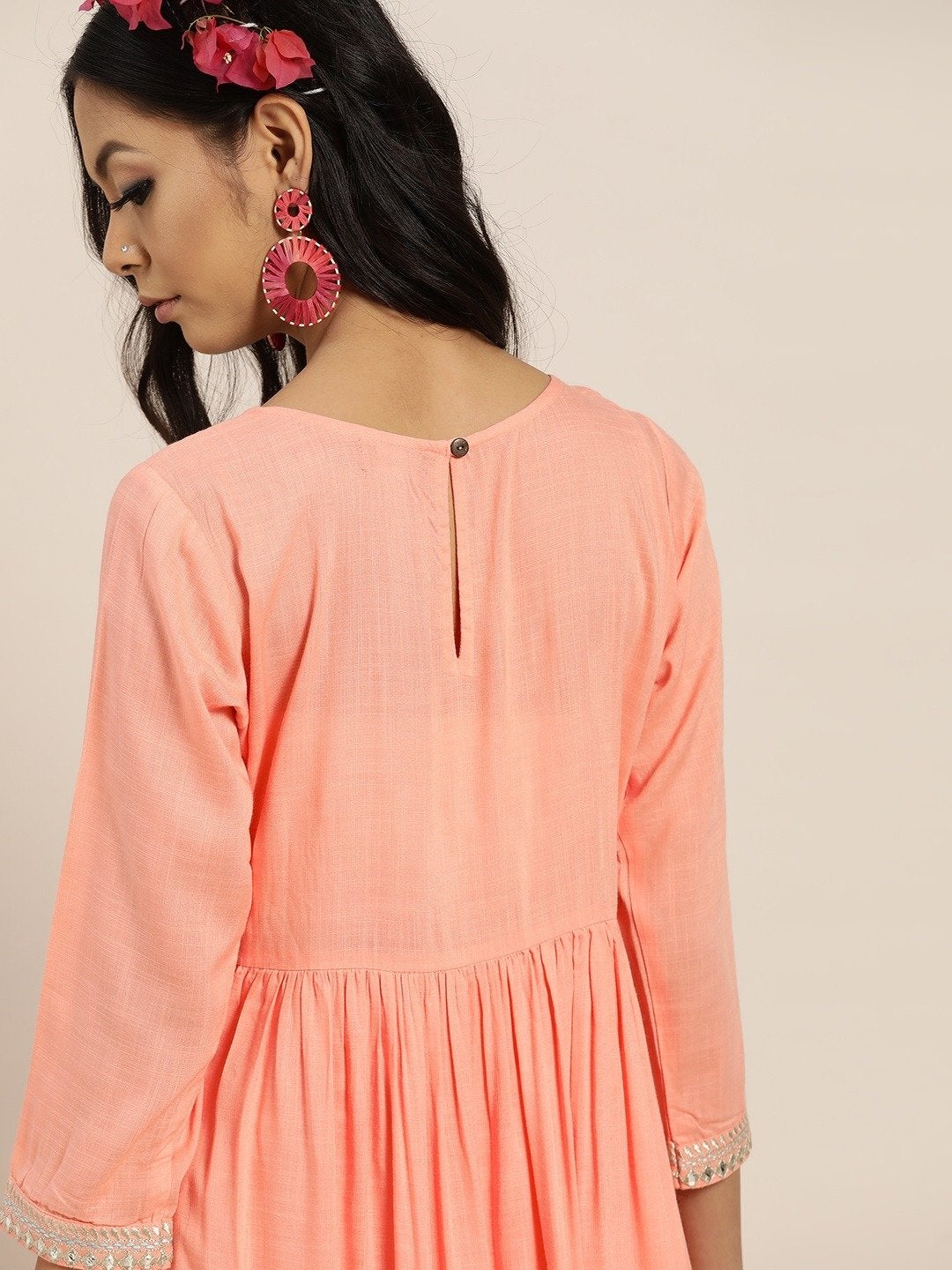 Women's Peach Zari Bodice Embroidery Gathered Dress - SHAE