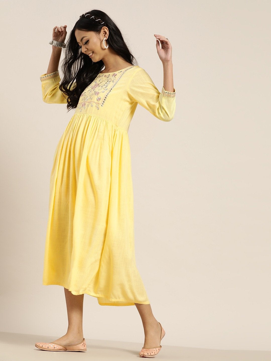 Women's Yellow Zari Bodice Embroidery Gathered Dress - SHAE