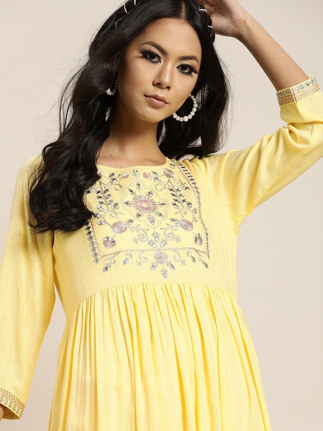 Women's Yellow Zari Bodice Embroidery Gathered Dress - SHAE