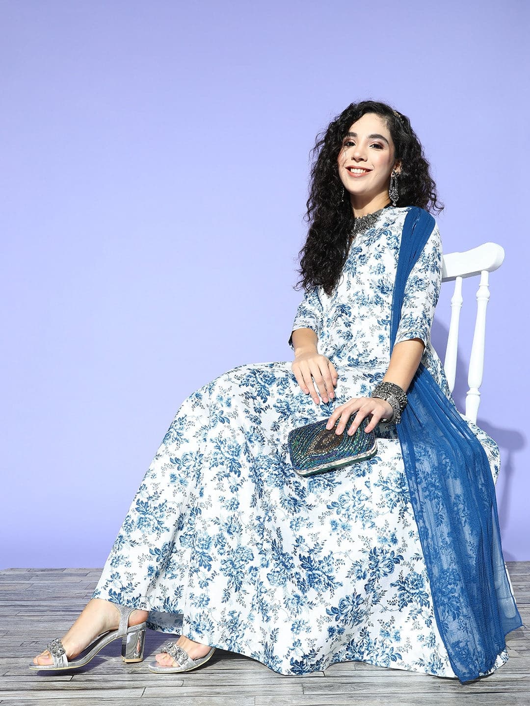 Women's Blue Floral Chanderi Attached Pallu Maxi Dress - Lyush