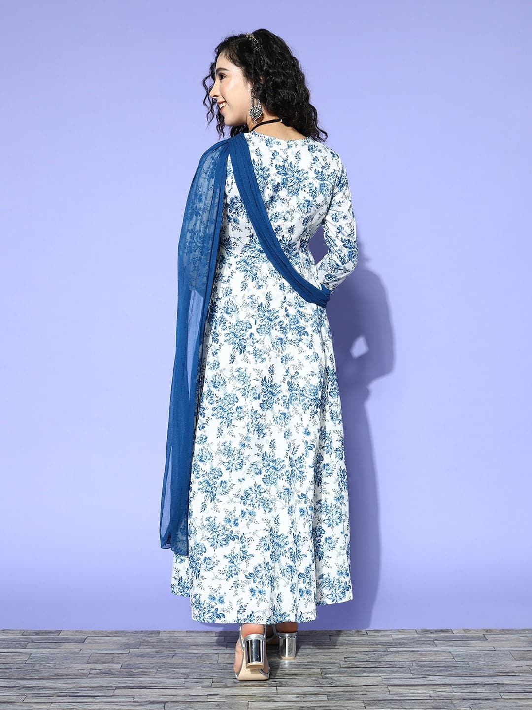 Women's Blue Floral Chanderi Attached Pallu Maxi Dress - Lyush