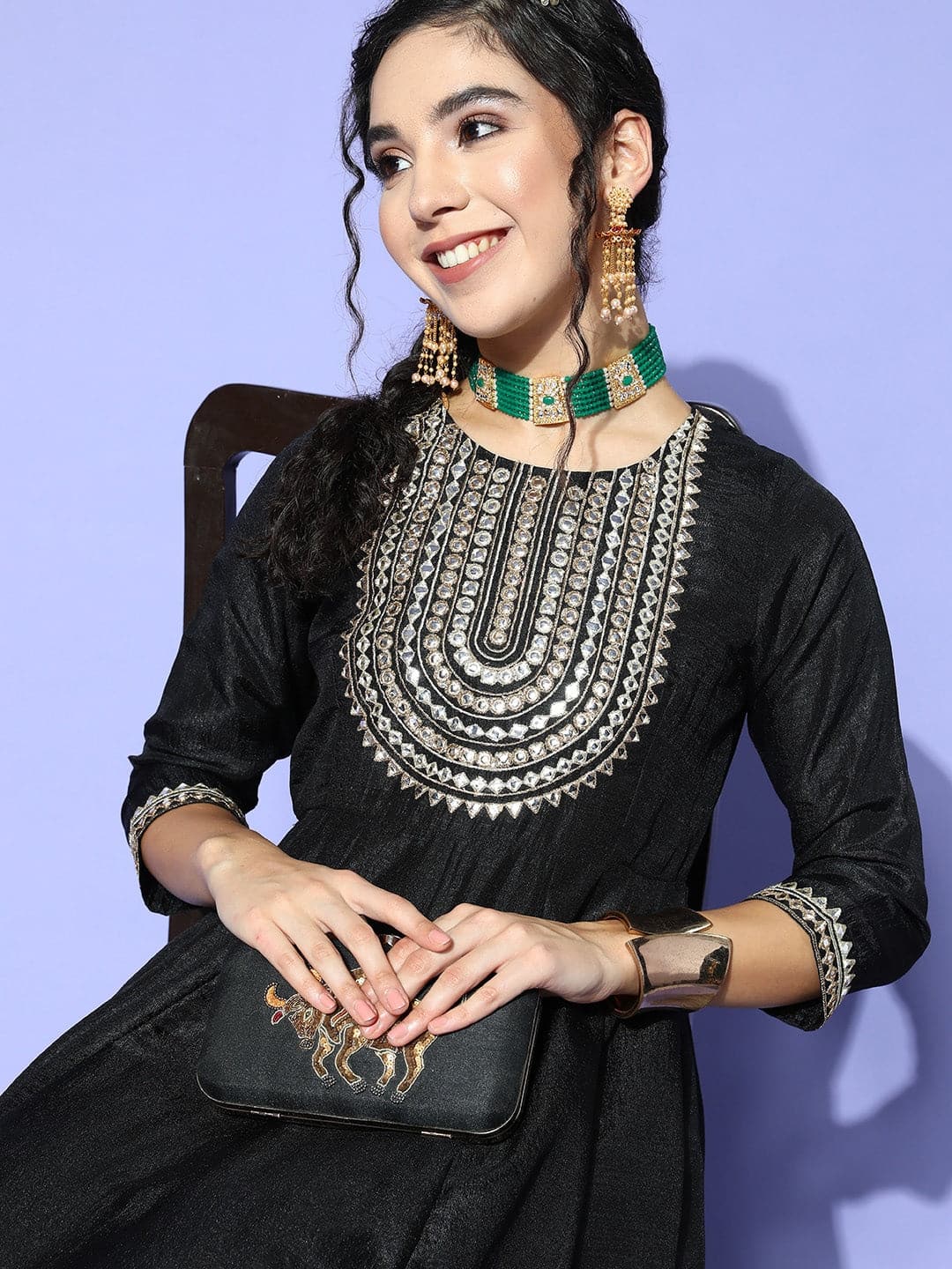 Women's Black Mirror Embroidered Bodice Anarkali Dress - Lyush