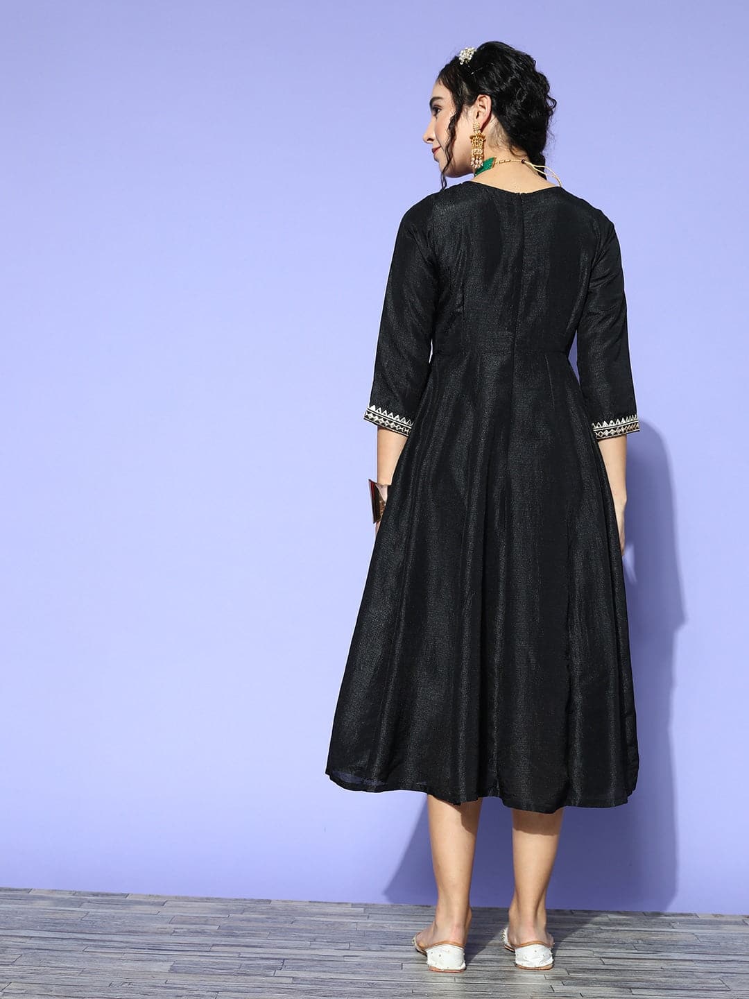 Women's Black Mirror Embroidered Bodice Anarkali Dress - Lyush