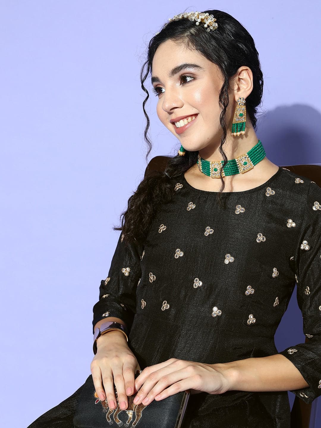 Women's Black Mirror Embroidered Anarkali Dress - Lyush