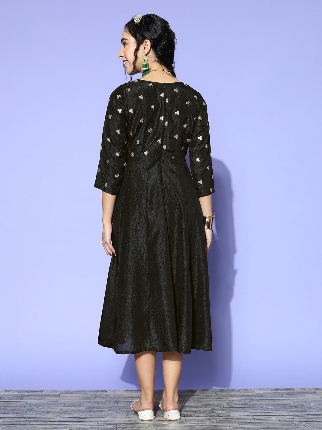Women's Black Mirror Embroidered Anarkali Dress - Lyush
