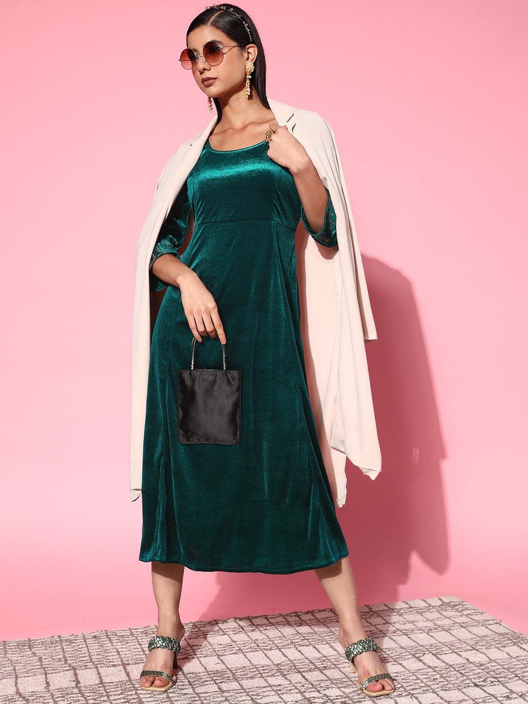 Women's Emerald Green Velvet Zari Emb Anarkali Dress - Lyush