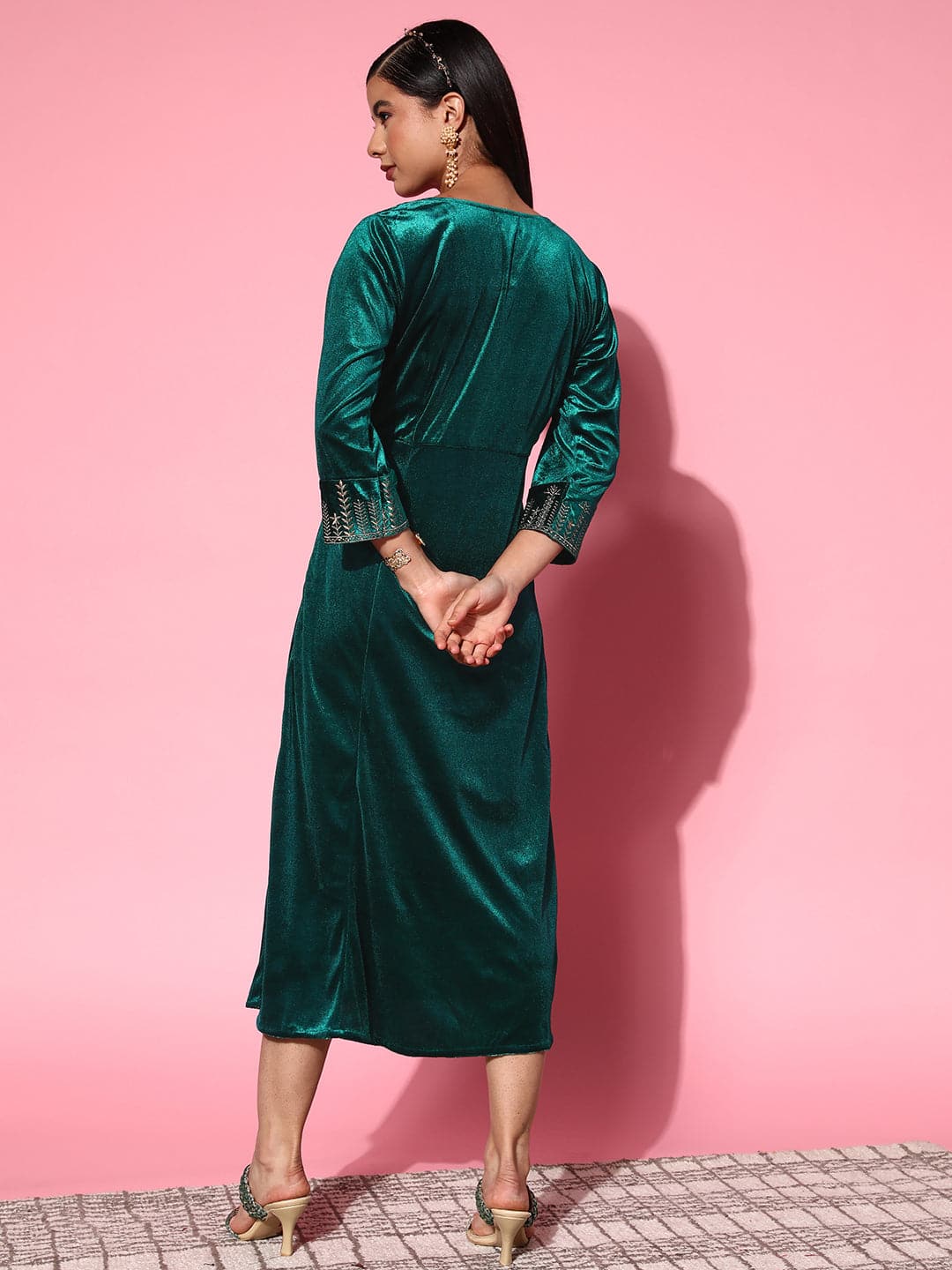 Women's Emerald Green Velvet Zari Emb Anarkali Dress - Lyush