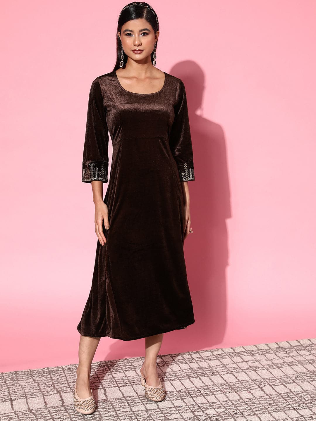 Women's Brown Velvet Zari Embroidered Anarkali Dress - Lyush