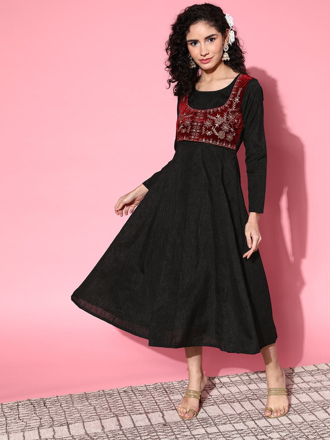 Women's Black Velvet Embroidered Jacket Anarkali Dress - Lyush