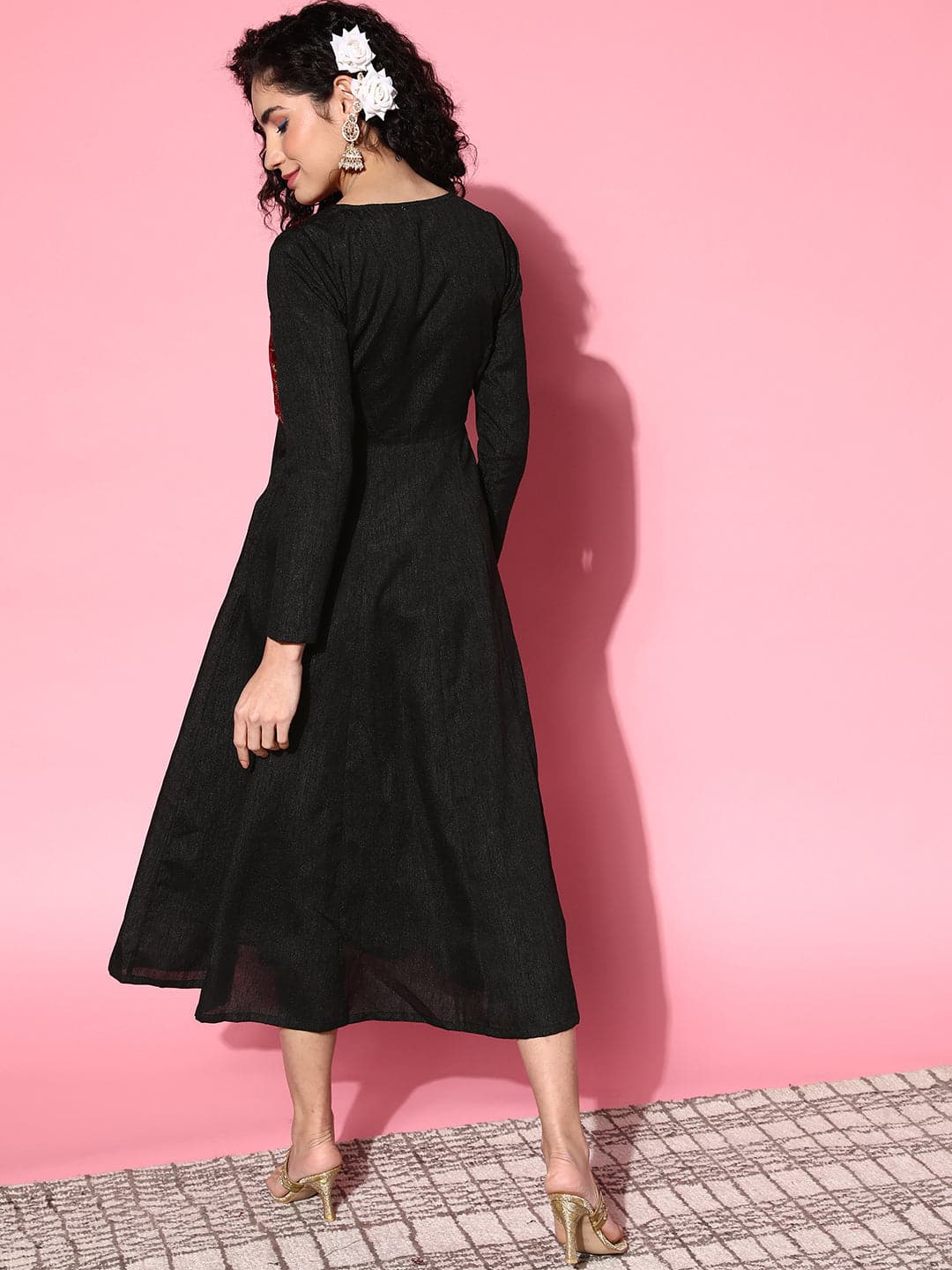 Women's Black Velvet Embroidered Jacket Anarkali Dress - Lyush