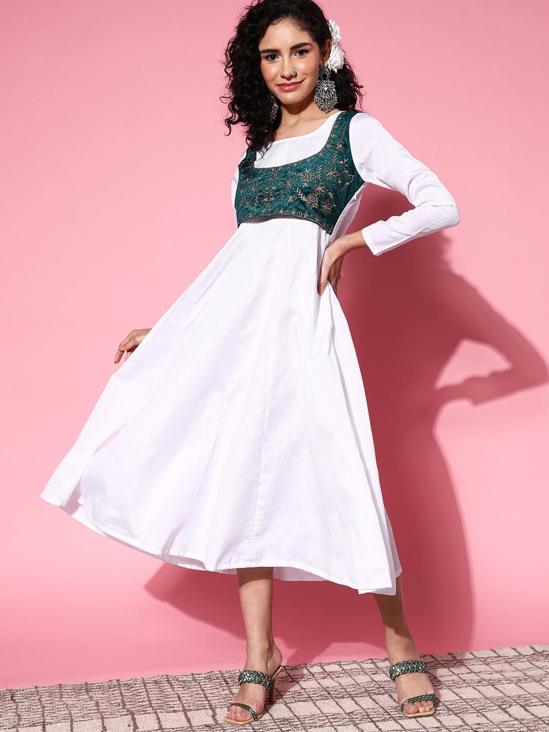Women's White Velvet Embroidered Jacket Anarkali Dress - Lyush