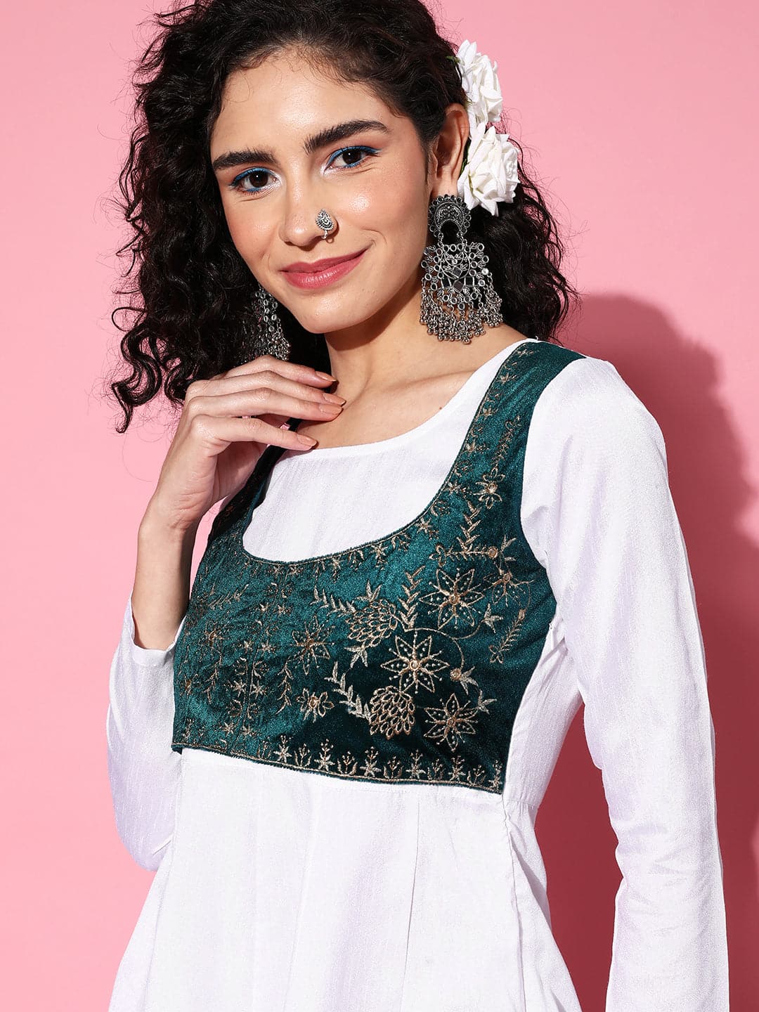 Women's White Velvet Embroidered Jacket Anarkali Dress - Lyush