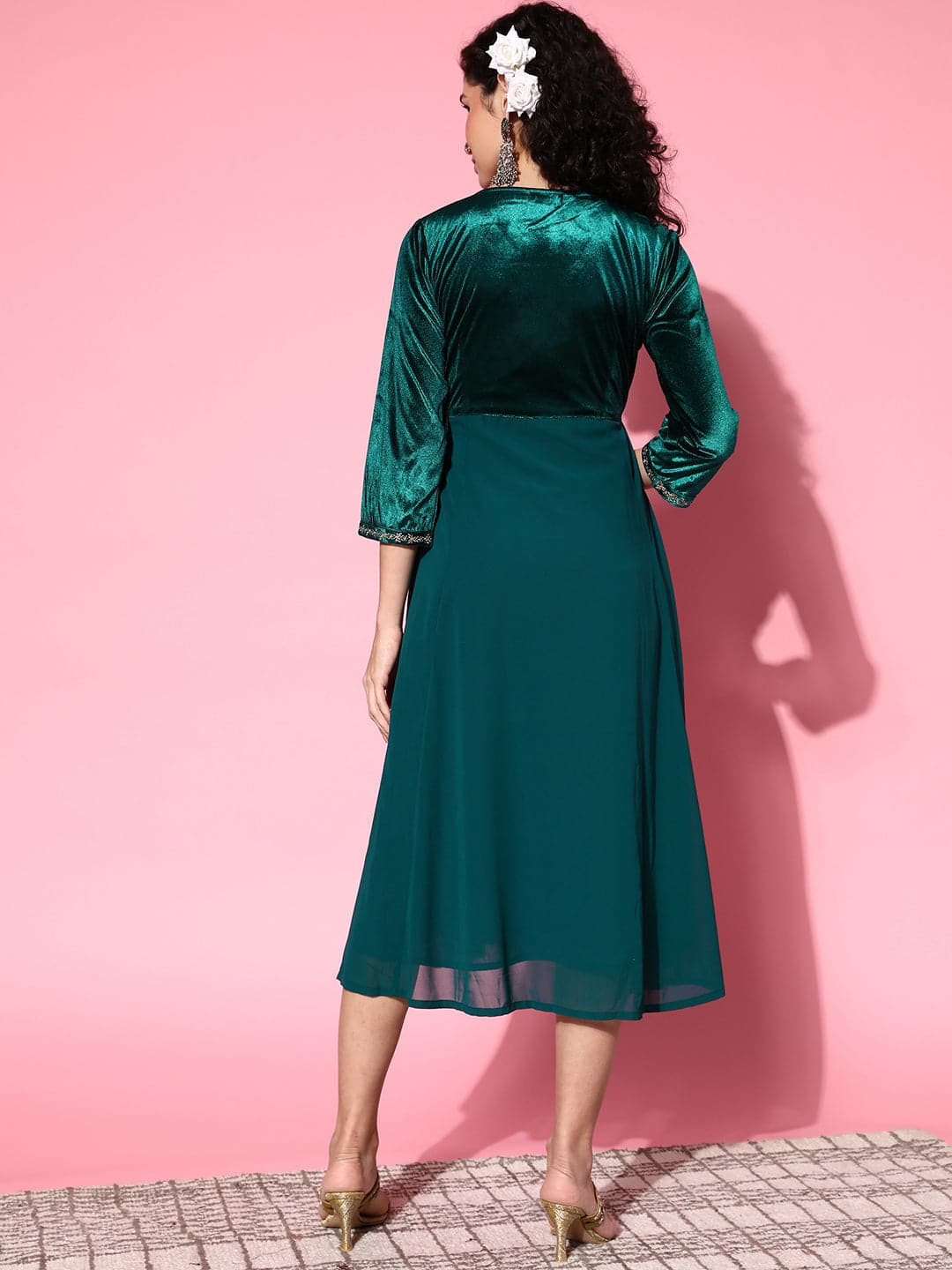 Women's Emerald Green Velvet Zari Embroidered Dress - Lyush
