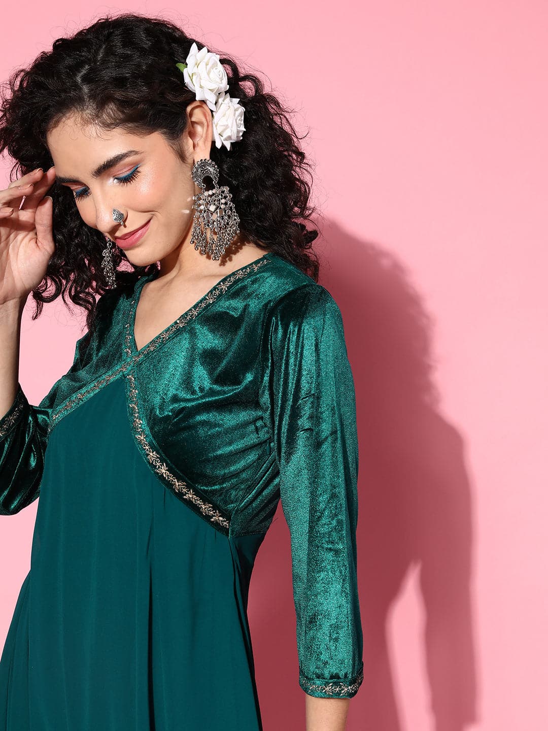 Women's Emerald Green Velvet Zari Embroidered Dress - Lyush