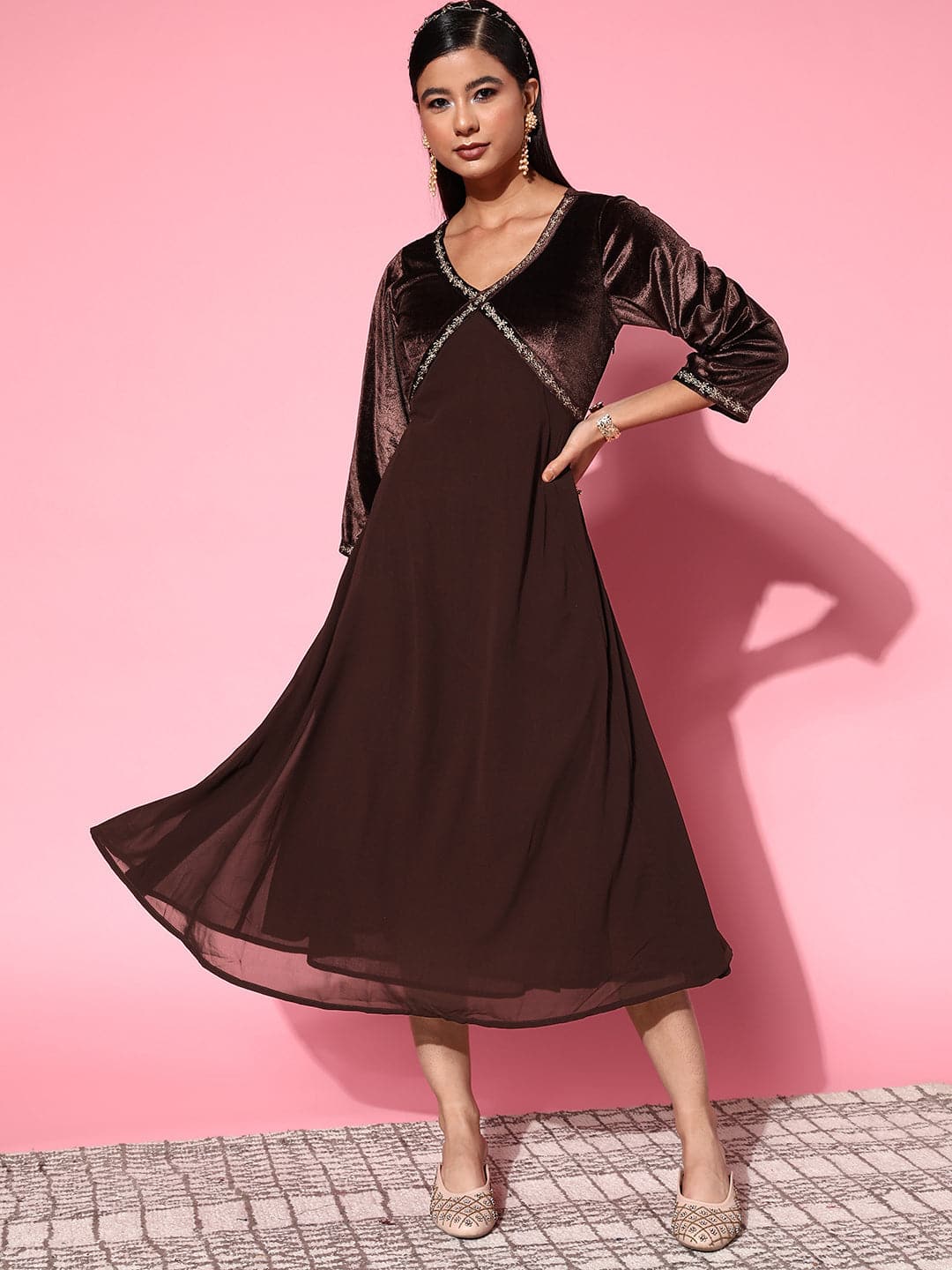 Women's Brown Velvet Zari Embroidered Dress - Lyush