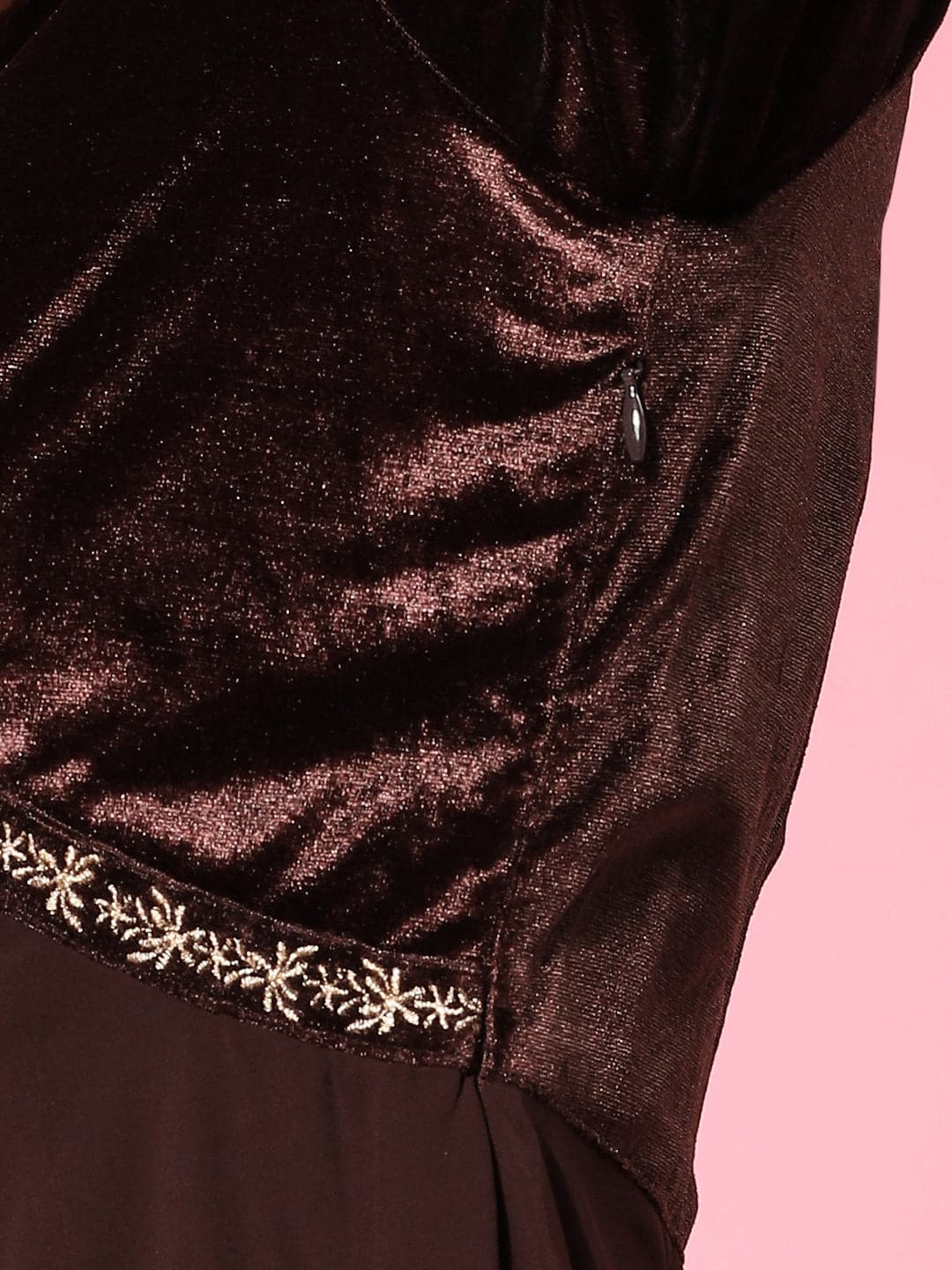 Women's Brown Velvet Zari Embroidered Dress - Lyush