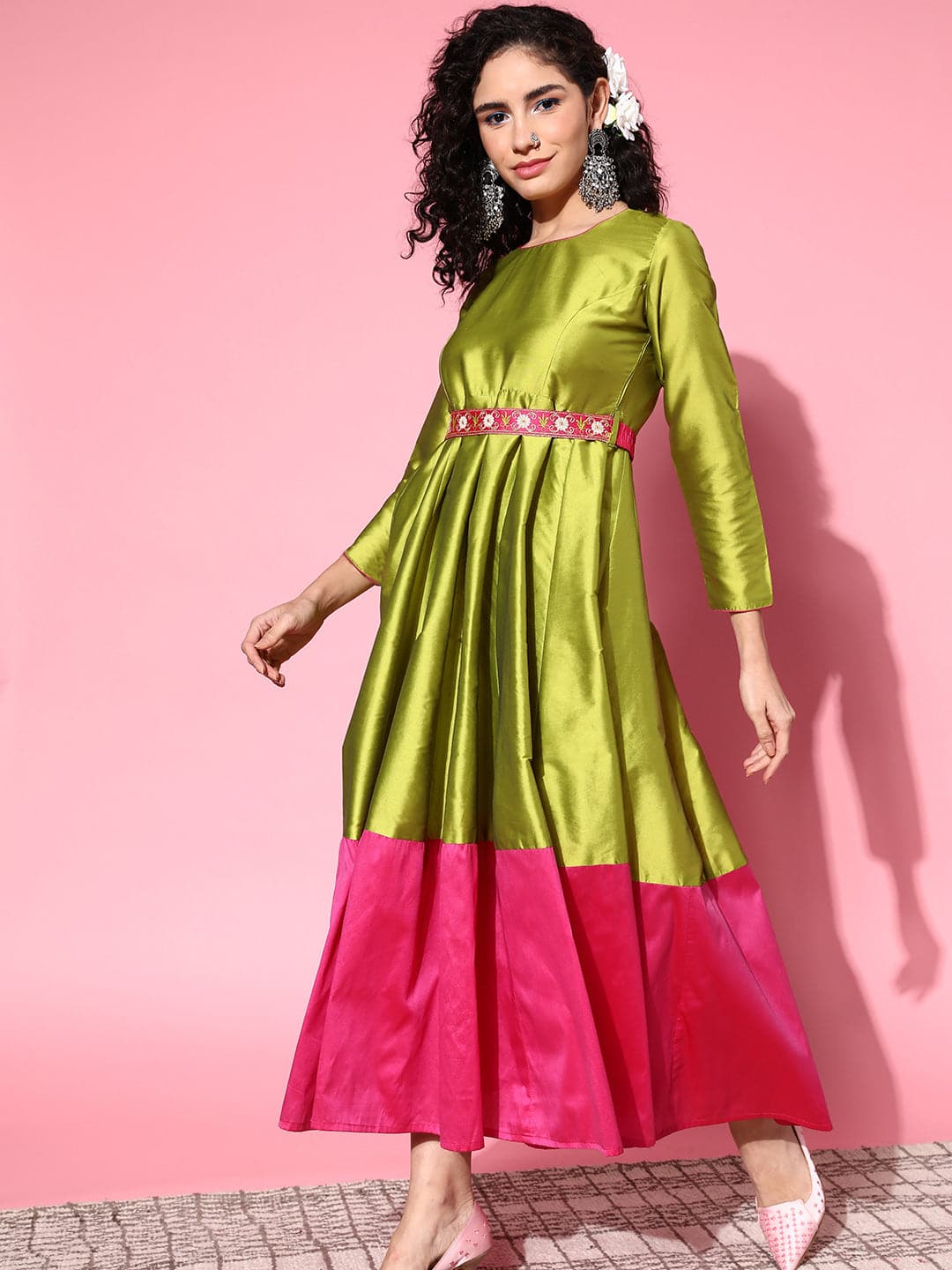 Women's Green Contrast Border Anarkali Maxi Dress - Lyush