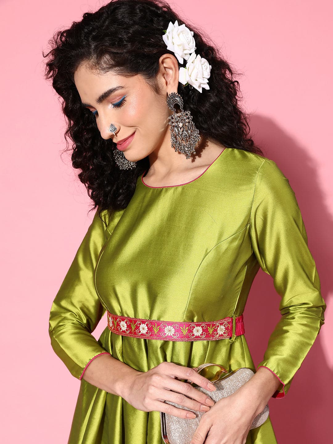 Women's Green Contrast Border Anarkali Maxi Dress - Lyush