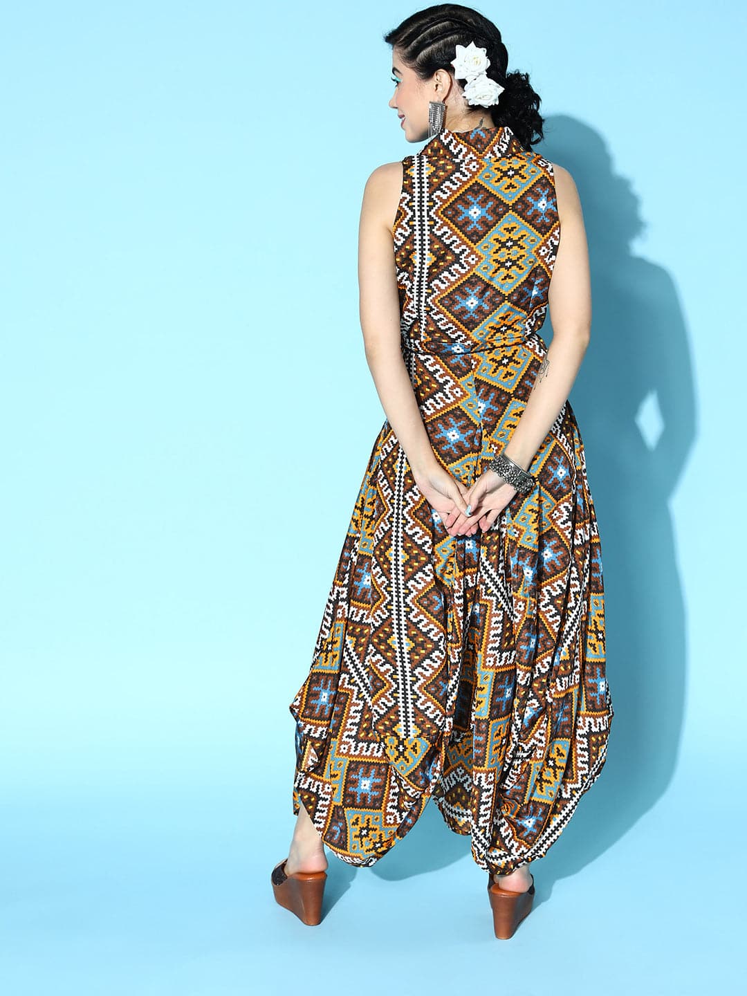 Women's Mustard Geometric Print Shirt Collar Dhoti Dress - Lyush