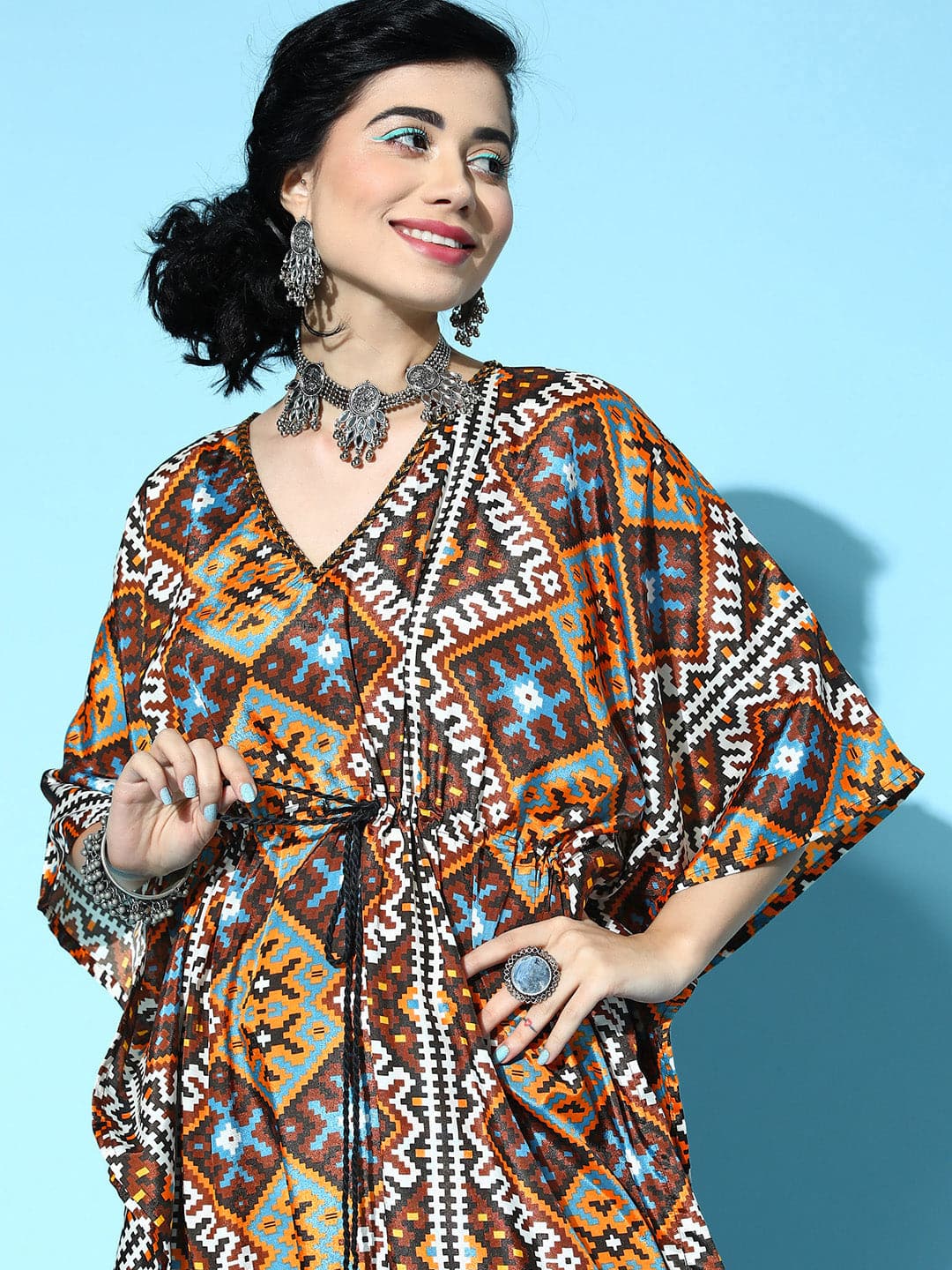 Women's Mustard Geometric Print Kaftan Dress - Lyush