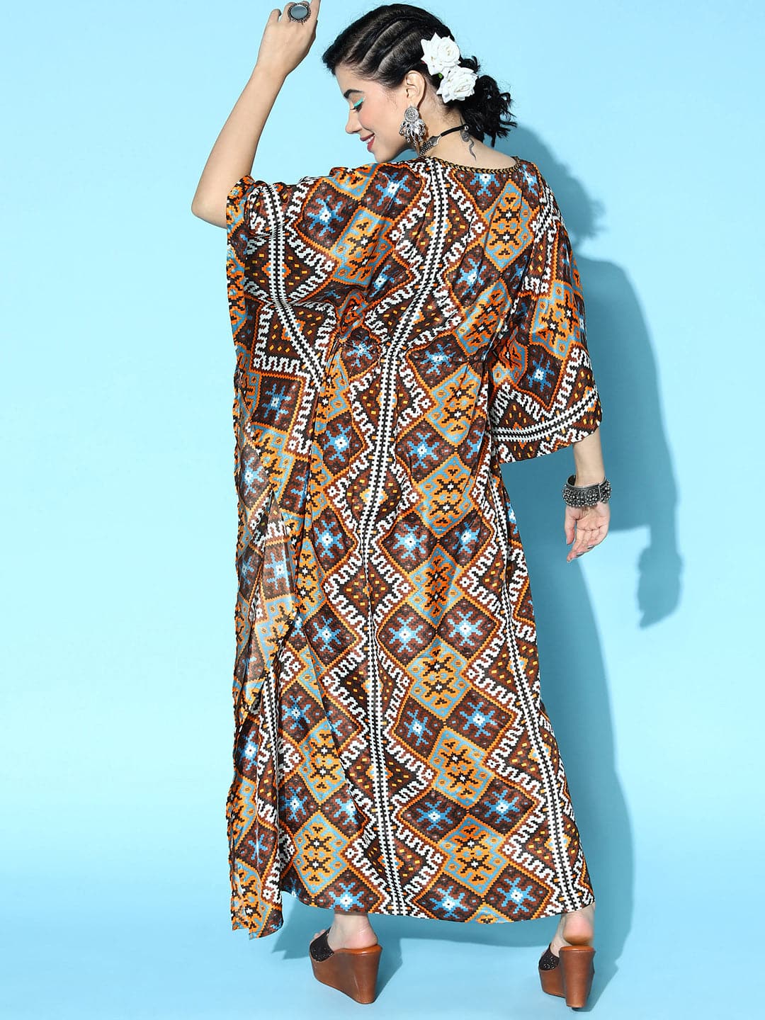 Women's Mustard Geometric Print Kaftan Dress - Lyush