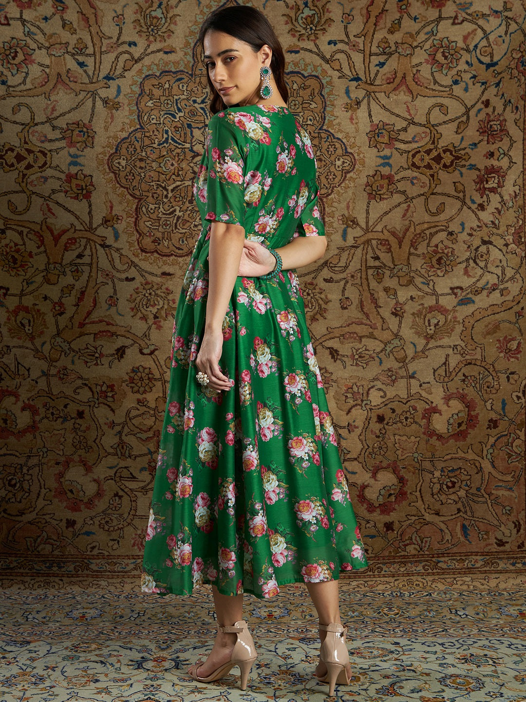 Women's Green Chanderi Floral Anarkali Dress - Lyush