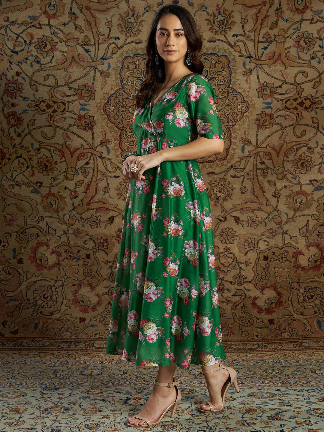 Women's Green Chanderi Floral Anarkali Dress - Lyush