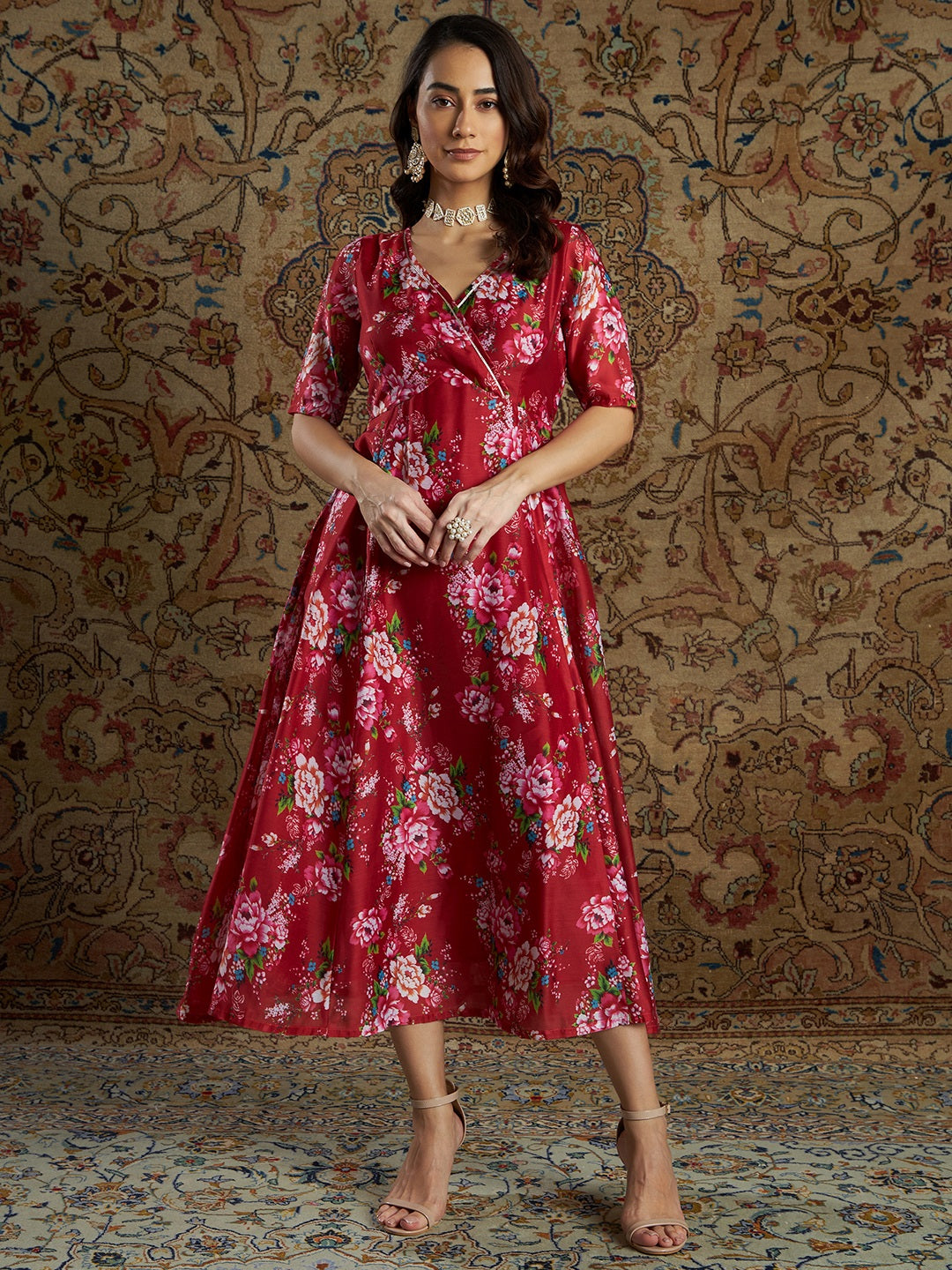 Women's Maroon Chanderi Floral Anarkali Dress - Lyush